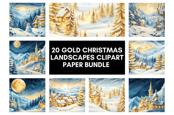 20 Gold Christmas Landscapes Clipart Paper Bundle