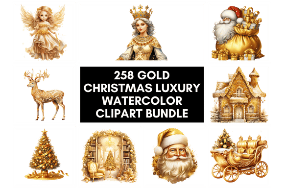 Christmas Clipart Watercolor Bundle : 258 Gold Christmas Luxury Watercolor Clipart Bundle