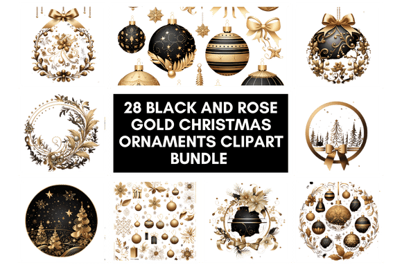 28 Black and Rose Gold Christmas Ornaments Clipart Bundle