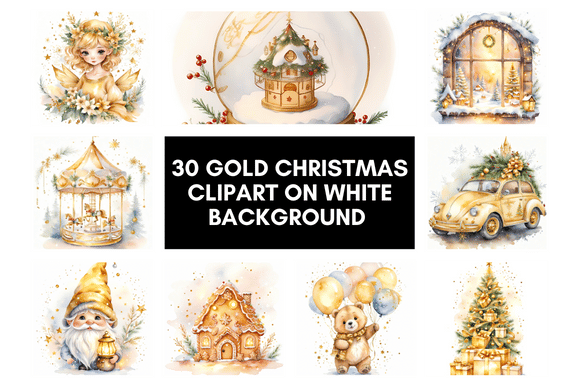 30 Gold Christmas Clipart on White Background