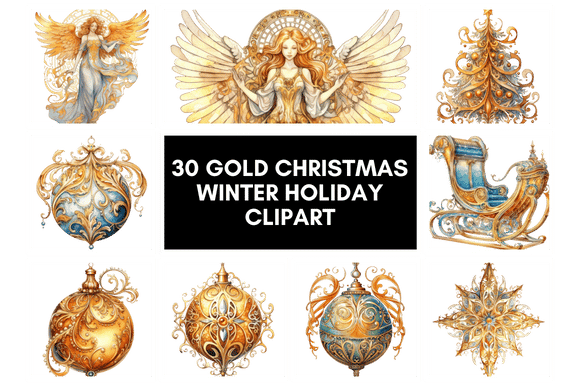 Christmas Clipart Watercolor Bundle : 30 Gold Christmas Winter Holiday Clipart