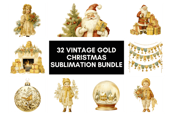 Christmas Clipart Watercolor Bundle : 32 Vintage Gold Christmas Sublimation Bundle