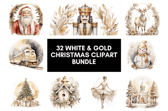 32 White & Gold Christmas Clipart Bundle