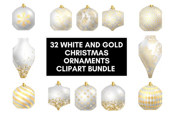 32 White and Gold Christmas Ornaments Clipart Bundle