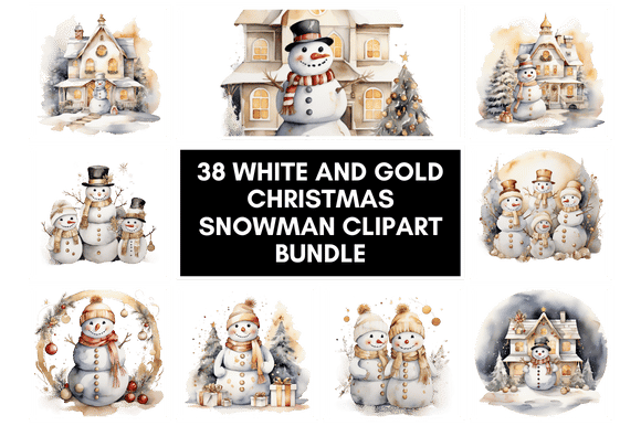 38 White and Gold Christmas Snowman Clipart Bundle