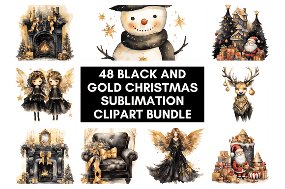 Christmas Clipart Watercolor Bundle : 48 Black and Gold Christmas Sublimation Clipart Bundle