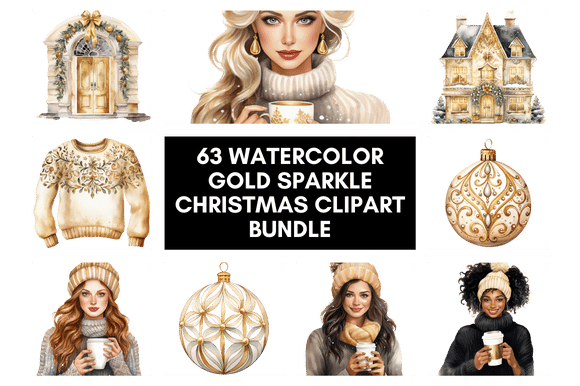 Christmas Clipart Watercolor Bundle : 63 Watercolor Gold Sparkle Christmas Clipart Bundle