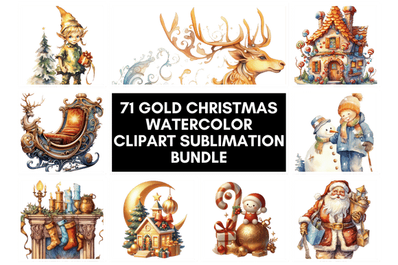 Christmas Clipart Watercolor Bundle : 71 Gold Christmas Watercolor Clipart Sublimation Bundle